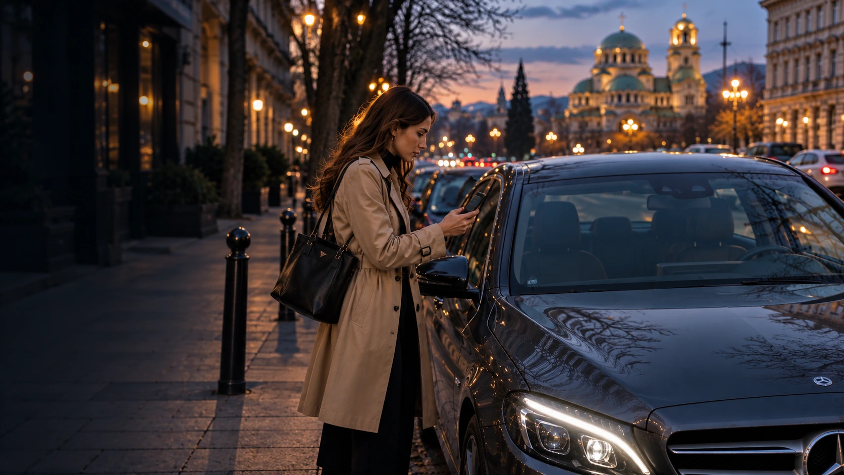 Жена с телефон до паркиран Mercedes пред храм Александър Невски